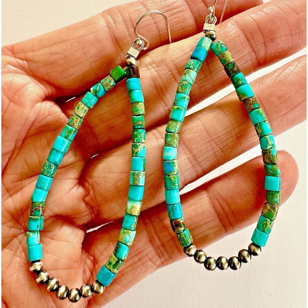 Jacla Navajo Pearl Earrings Turquoise Heishi 3in 925 Sterling Long Dangle‎ Hook